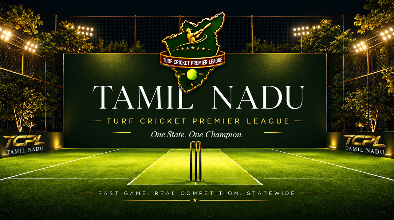 TCPL Tamil Nadu Turf Cricket Premier League, floodlit artificial turf ground and gold league branding