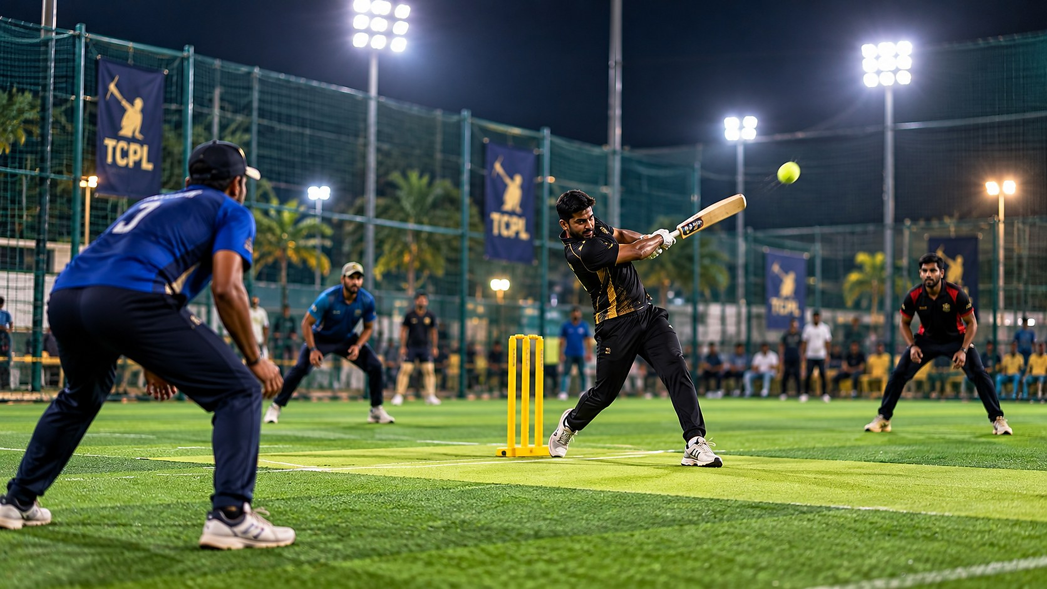 Batsman striking the ball in a floodlit cricket match