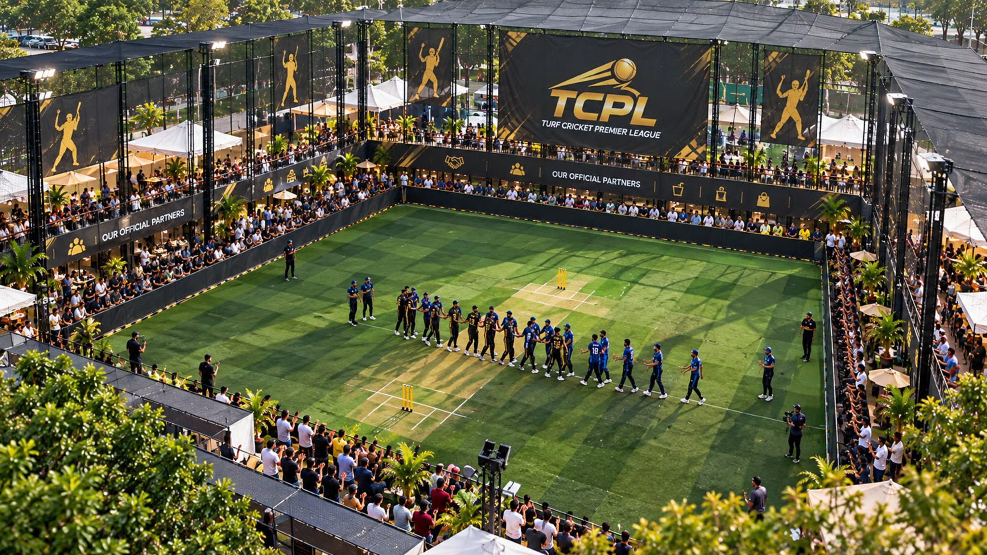 Multiple floodlit artificial turf cricket pitches